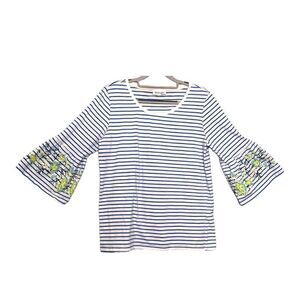 Patchington striped 3/4 embroidered flounce sleeve tee white & blue